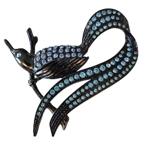 Givenchy Bird Brooch, Swift, Gunmetal Blue Rhinestone Pin, Signed - Picture 1 of 9